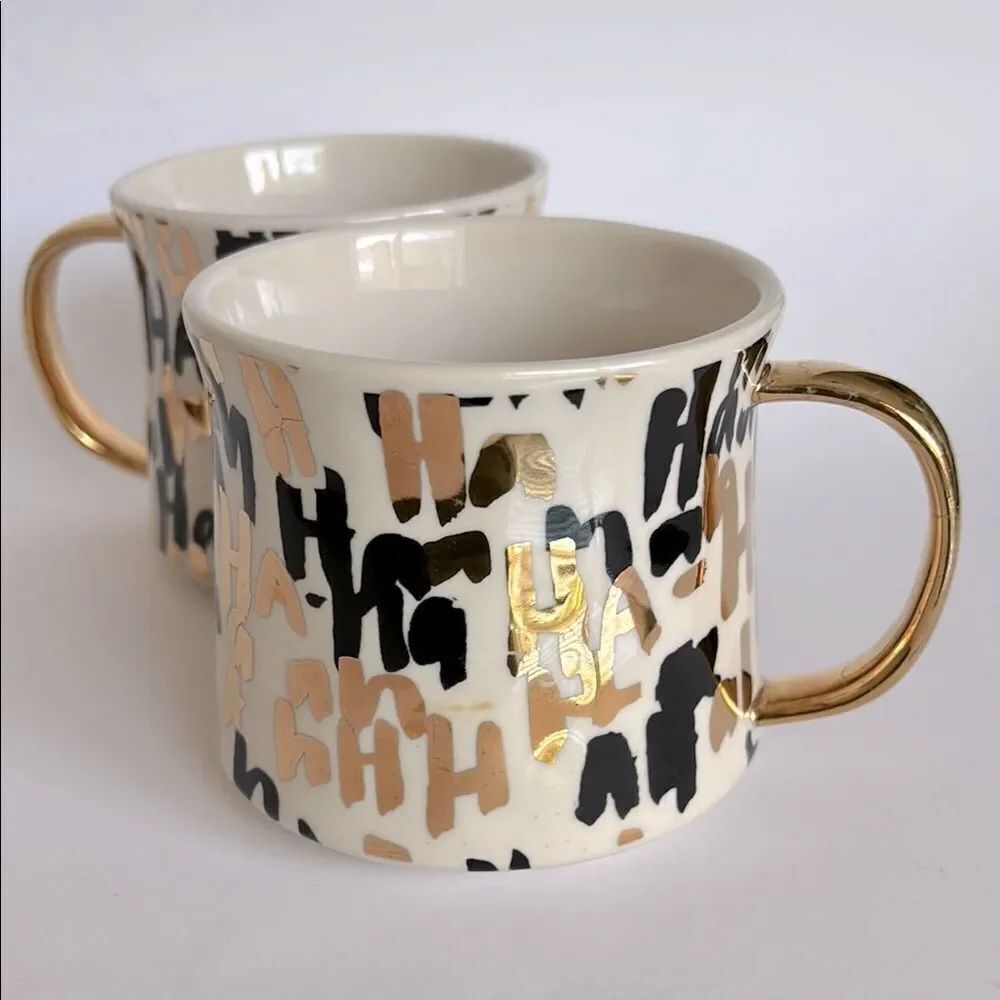 Set of 2 Anthropologie Kate Roebuck Ha Ha Metallic Gold Coffee Tea Mugs